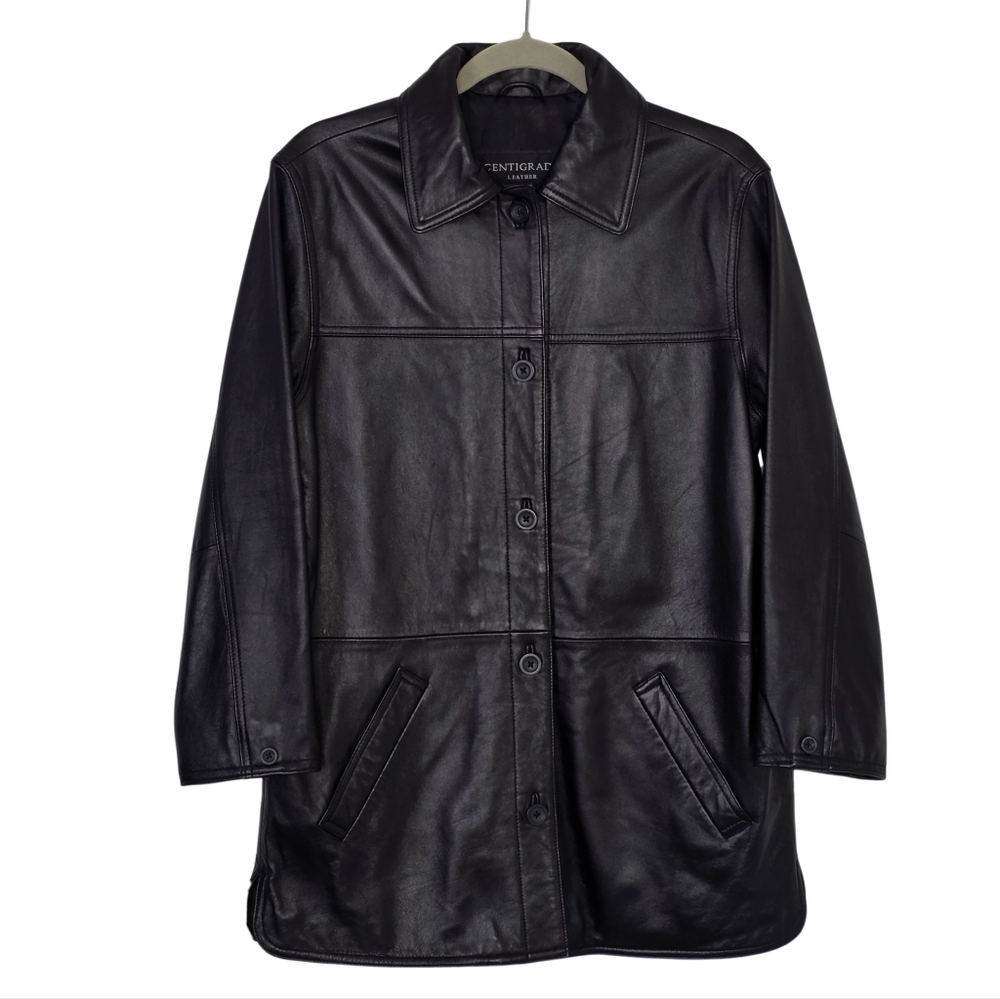 Vintage Centigrade Black Leather Button- Front Sh… - image 1